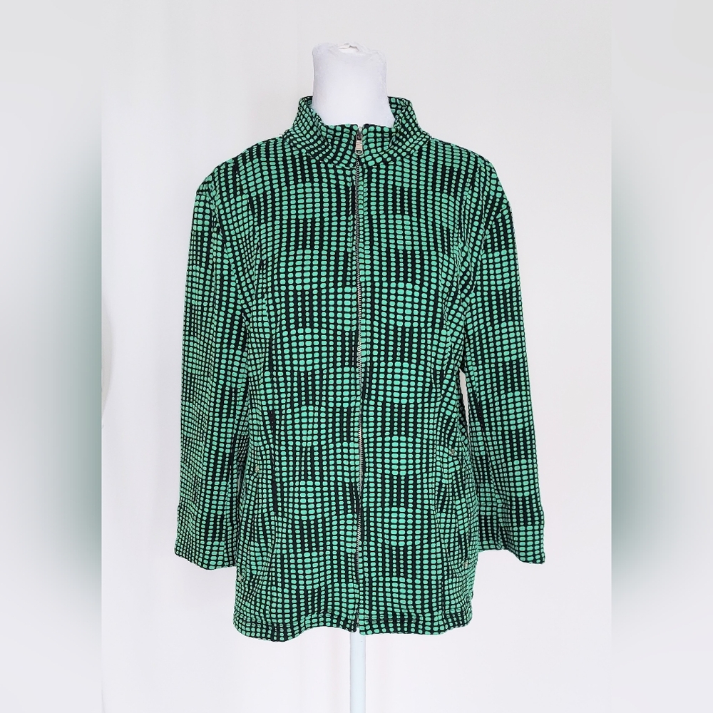 Erin London Textured Mock Neck Full Zip Jacket Green Black Size Medium
